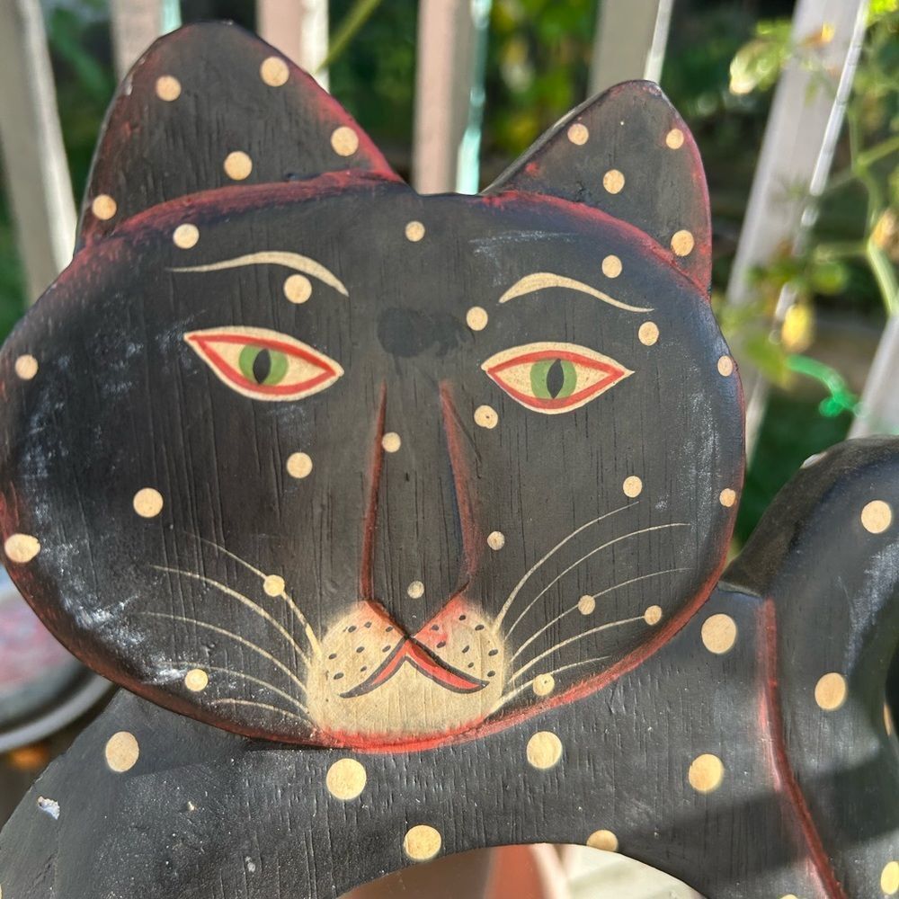 Vtg 90s Whimsical 12.5” X 8” Black Polk a Dot Cat Boho Mirror Indonesia - Picture 5 of 15